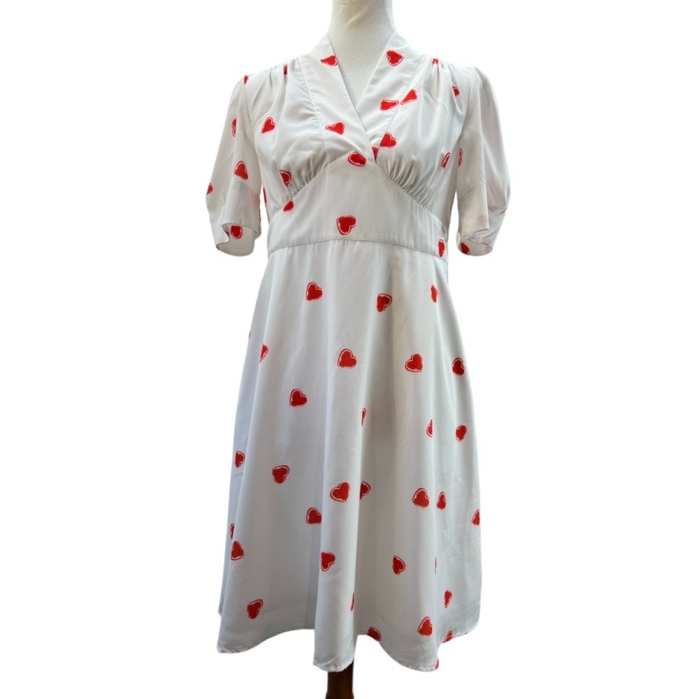 eShakti White Midi Dress with Red Heart Print